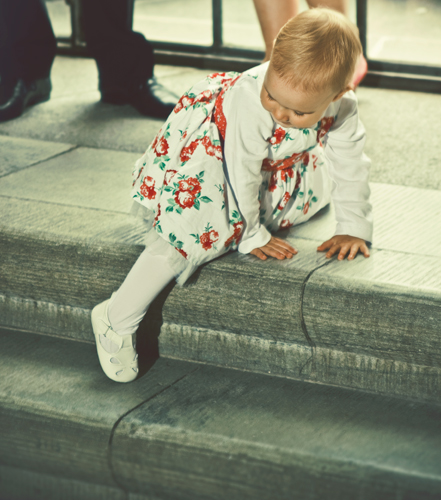 daughter Emmy climbs the stairs